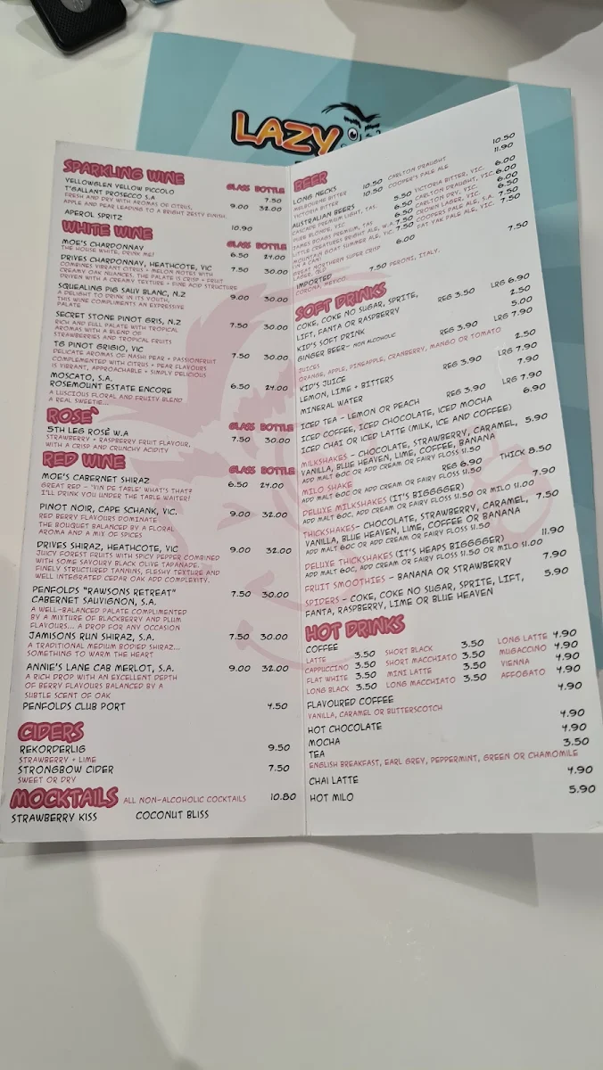 Menu, Lazy Moe's