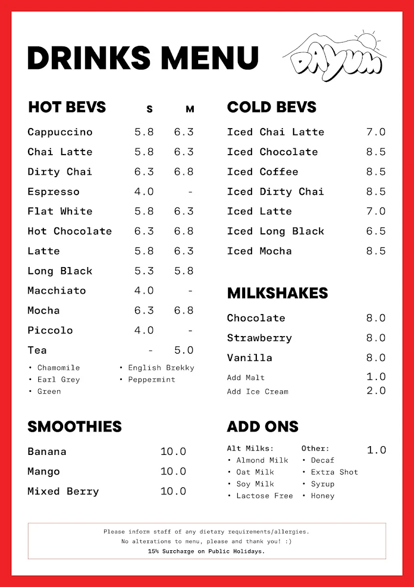 Menu, DAYUM CAFE