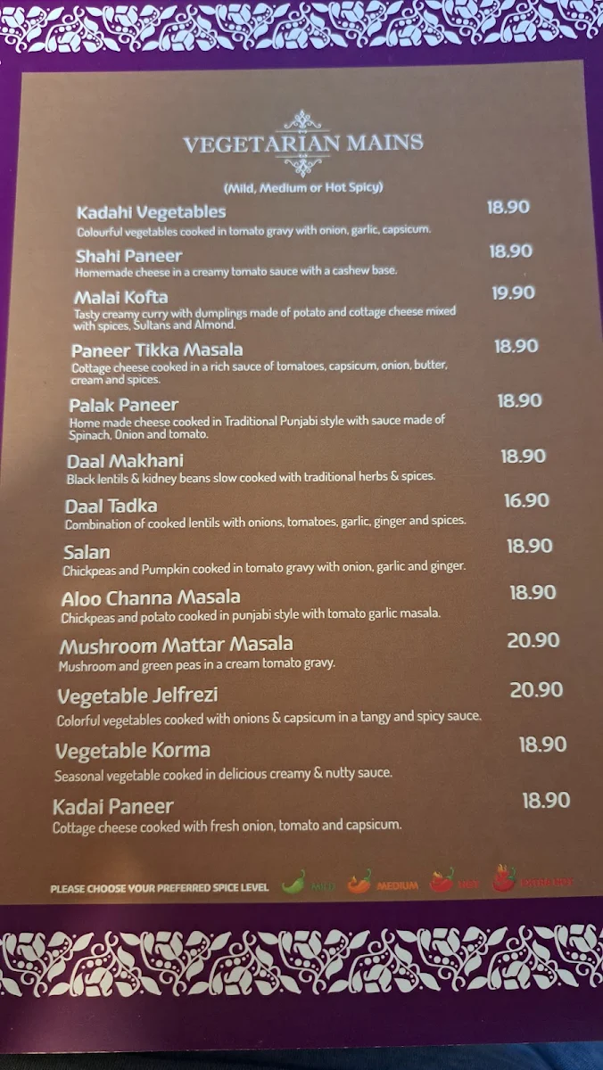 Menu, Maple Indian Gourmet