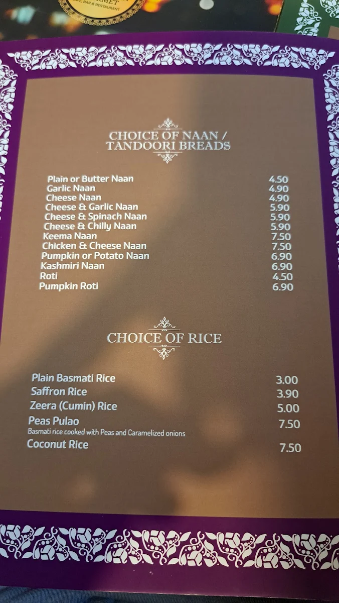 Menu, Maple Indian Gourmet