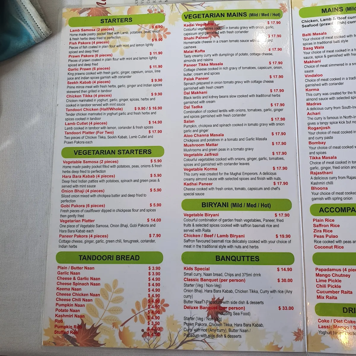 Menu, Maple Indian Gourmet