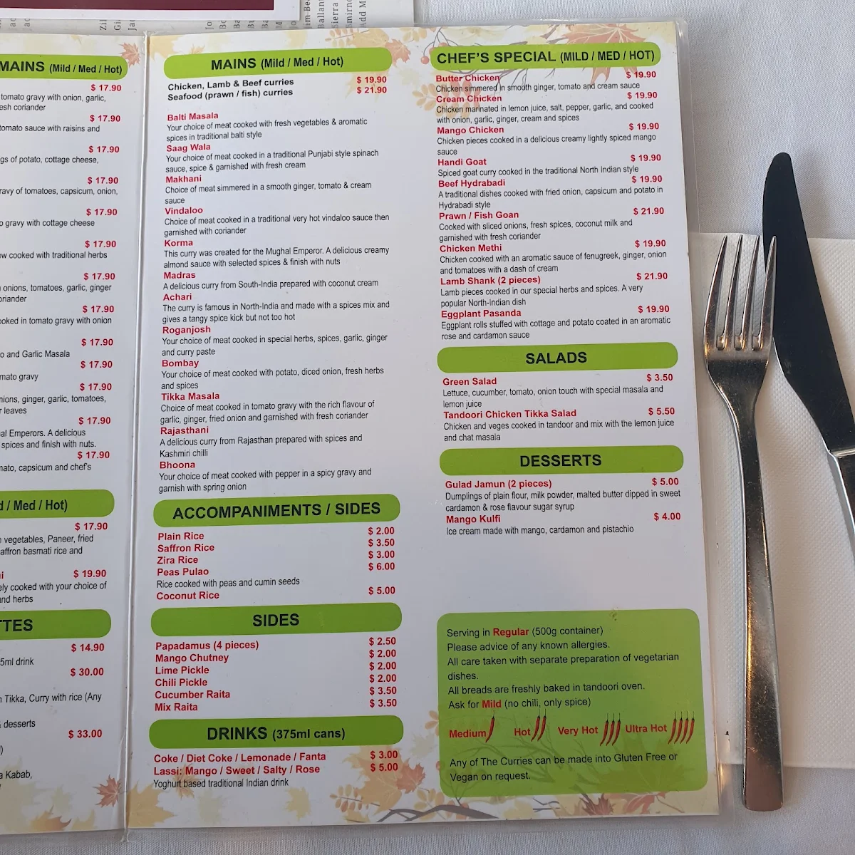 Menu, Maple Indian Gourmet