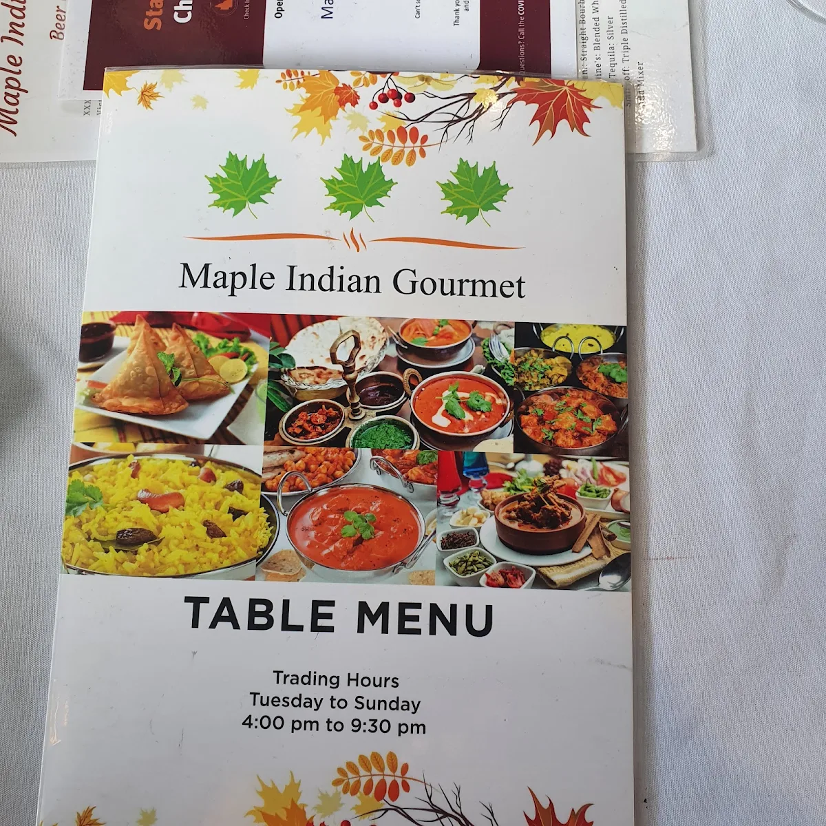 Menu, Maple Indian Gourmet