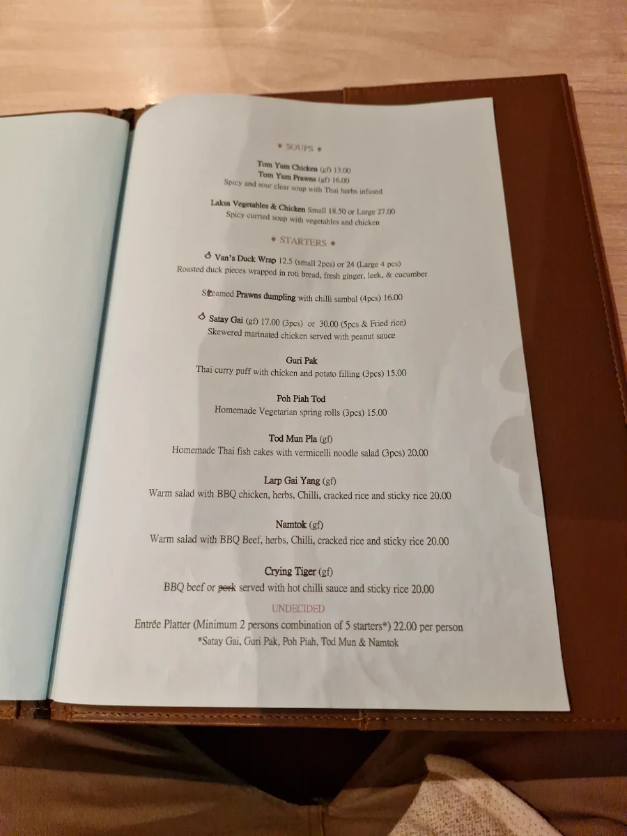 Menu, Vanidols South Hobart