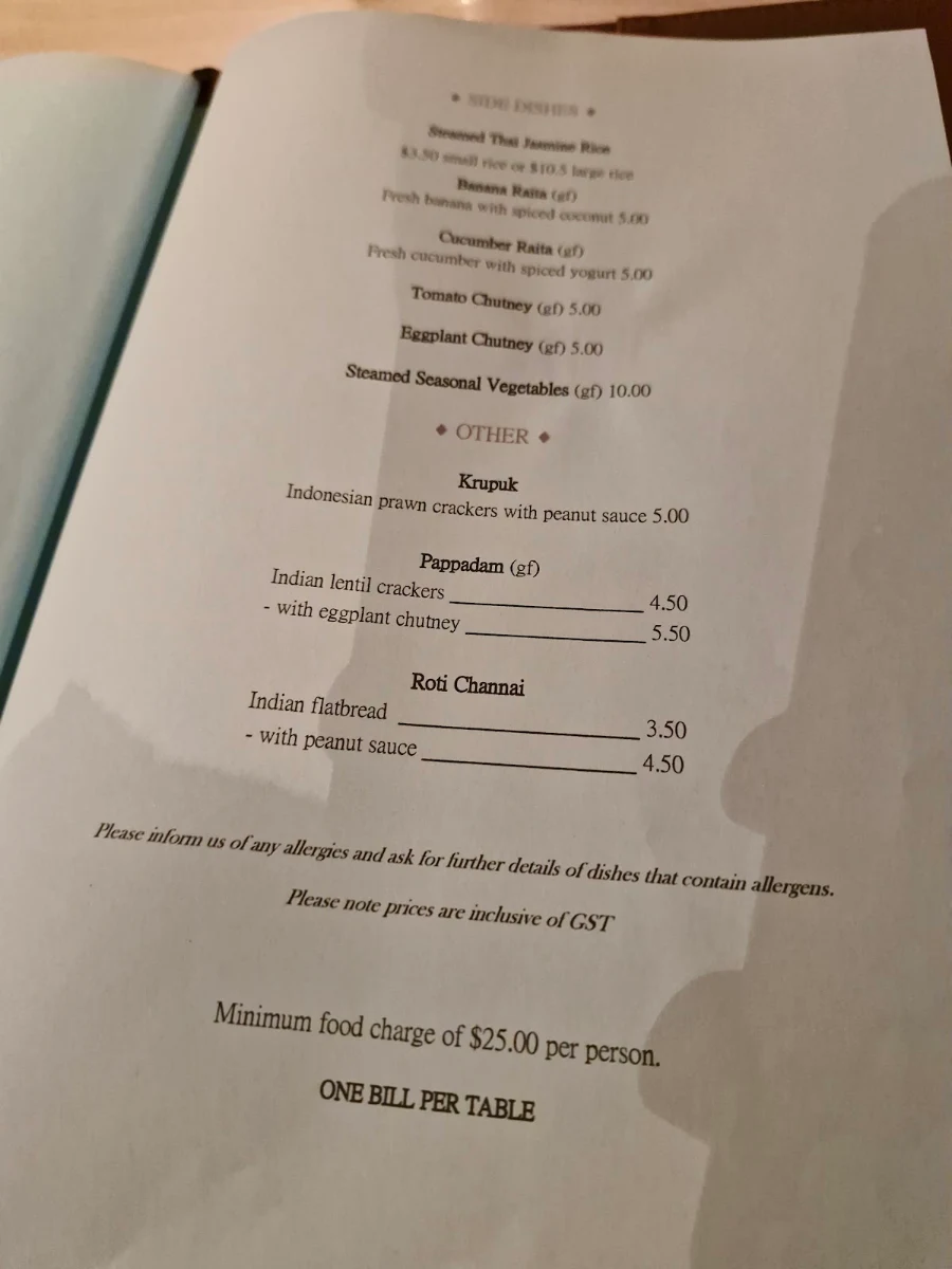 Menu, Vanidols South Hobart