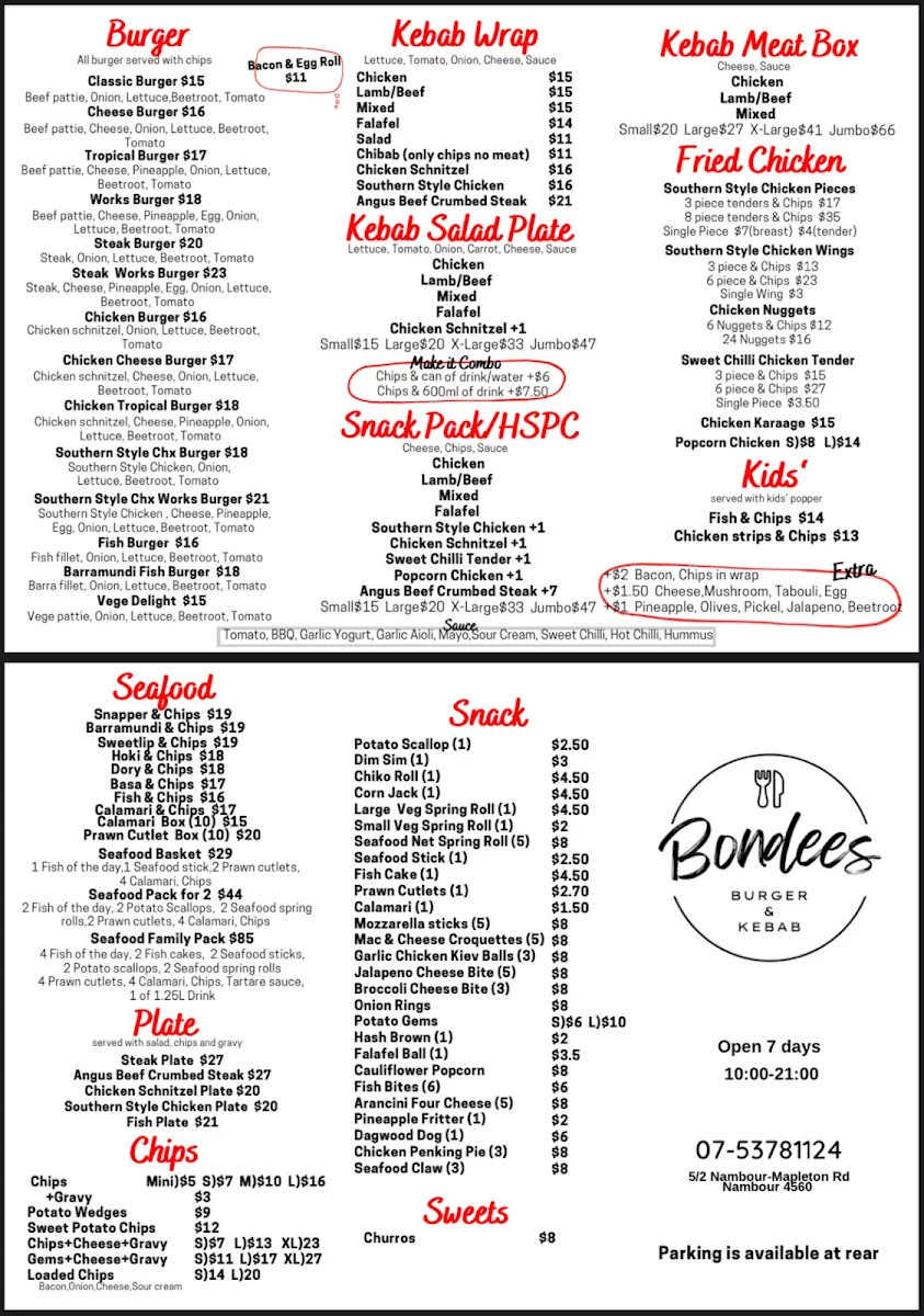 Menu, Bondees Burgers & kebab