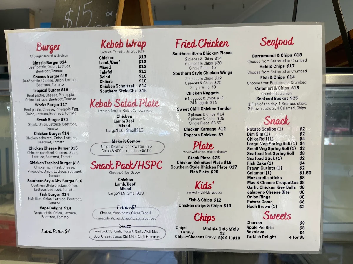 Menu, Bondees Burgers & kebab