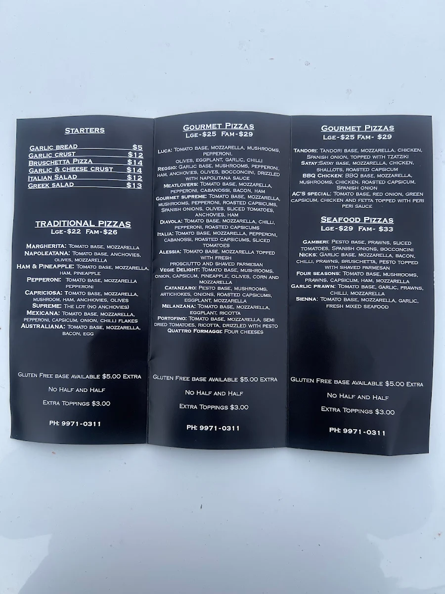 Menu, AC PIZZA Collaroy Plateau