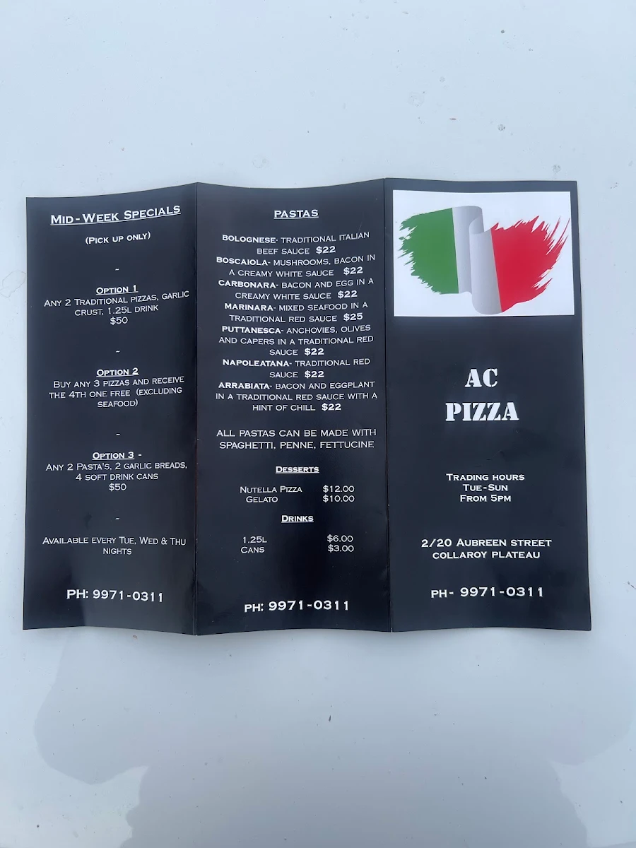 Menu, AC PIZZA Collaroy Plateau