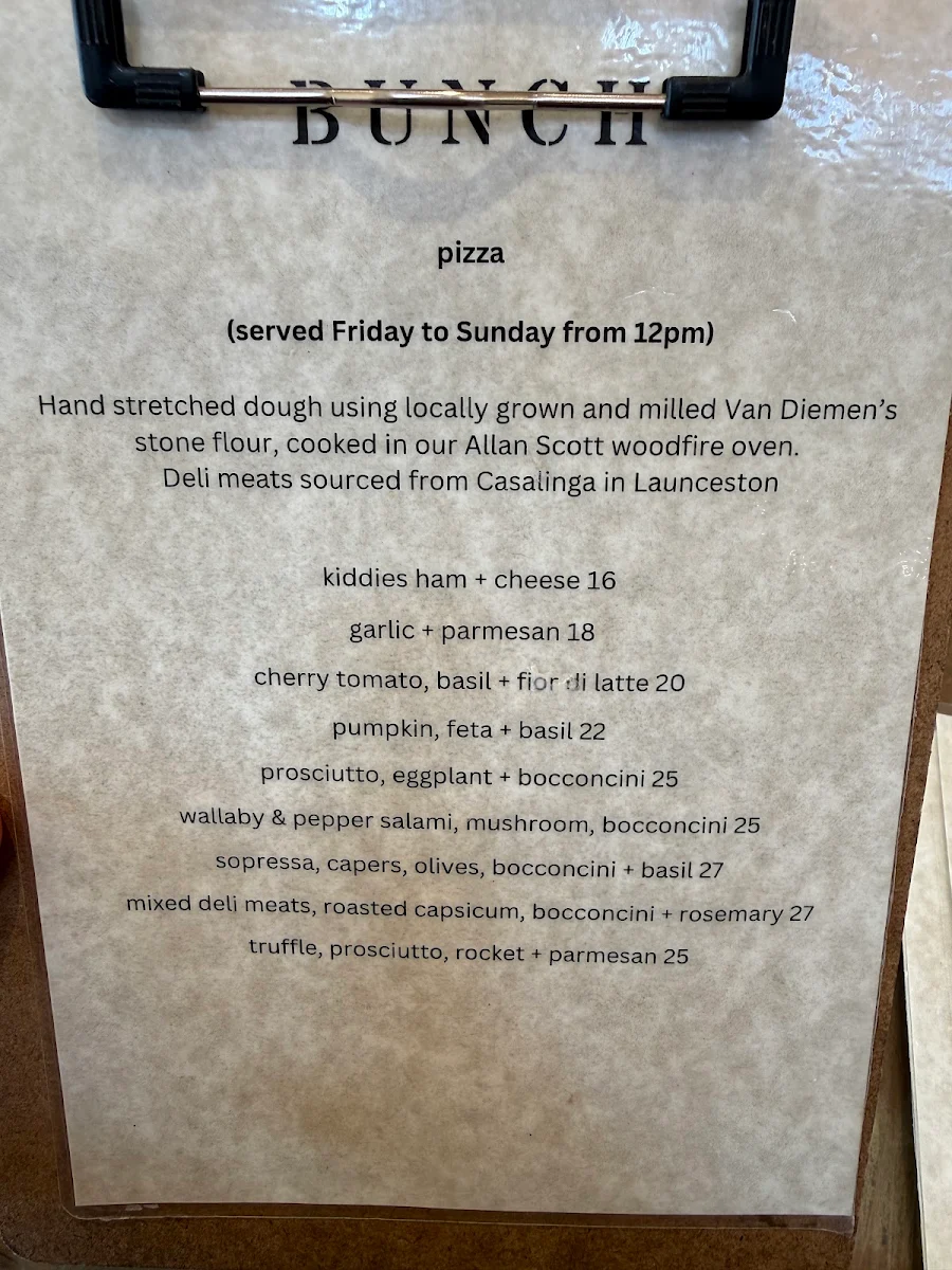 Menu, Bunch Oatlands