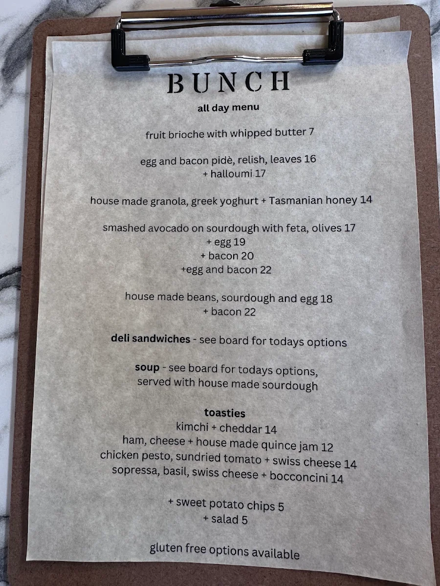 Menu, Bunch Oatlands