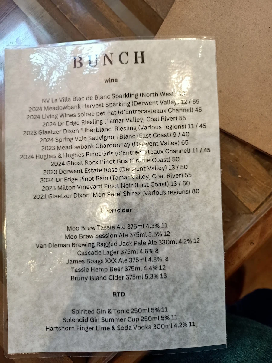 Menu, Bunch Oatlands