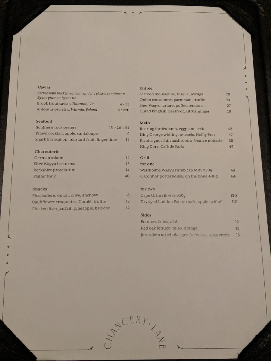 Menu, Chancery Lane