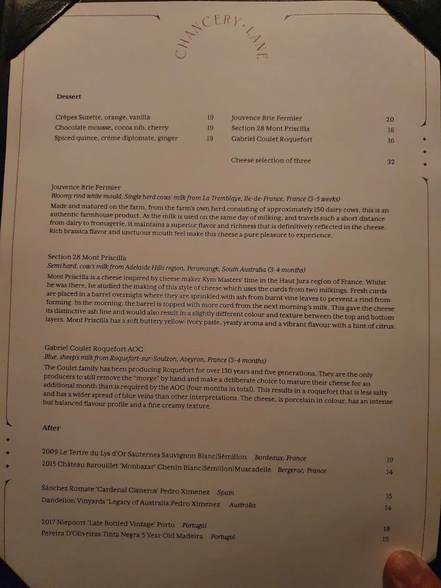 Menu, Chancery Lane