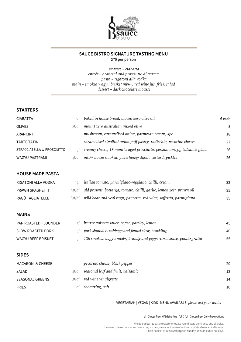 Menu, Sauce Bistro