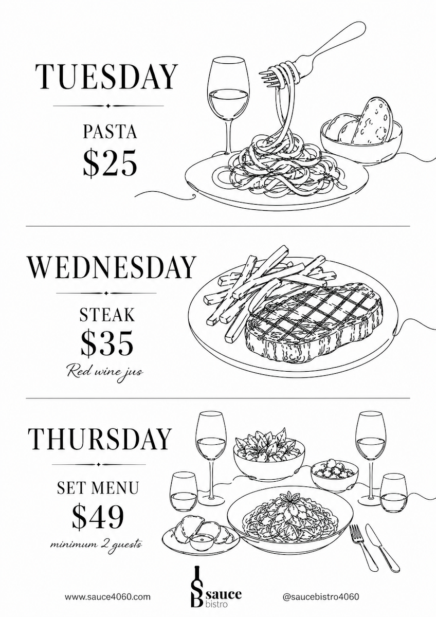 Menu, Sauce Bistro