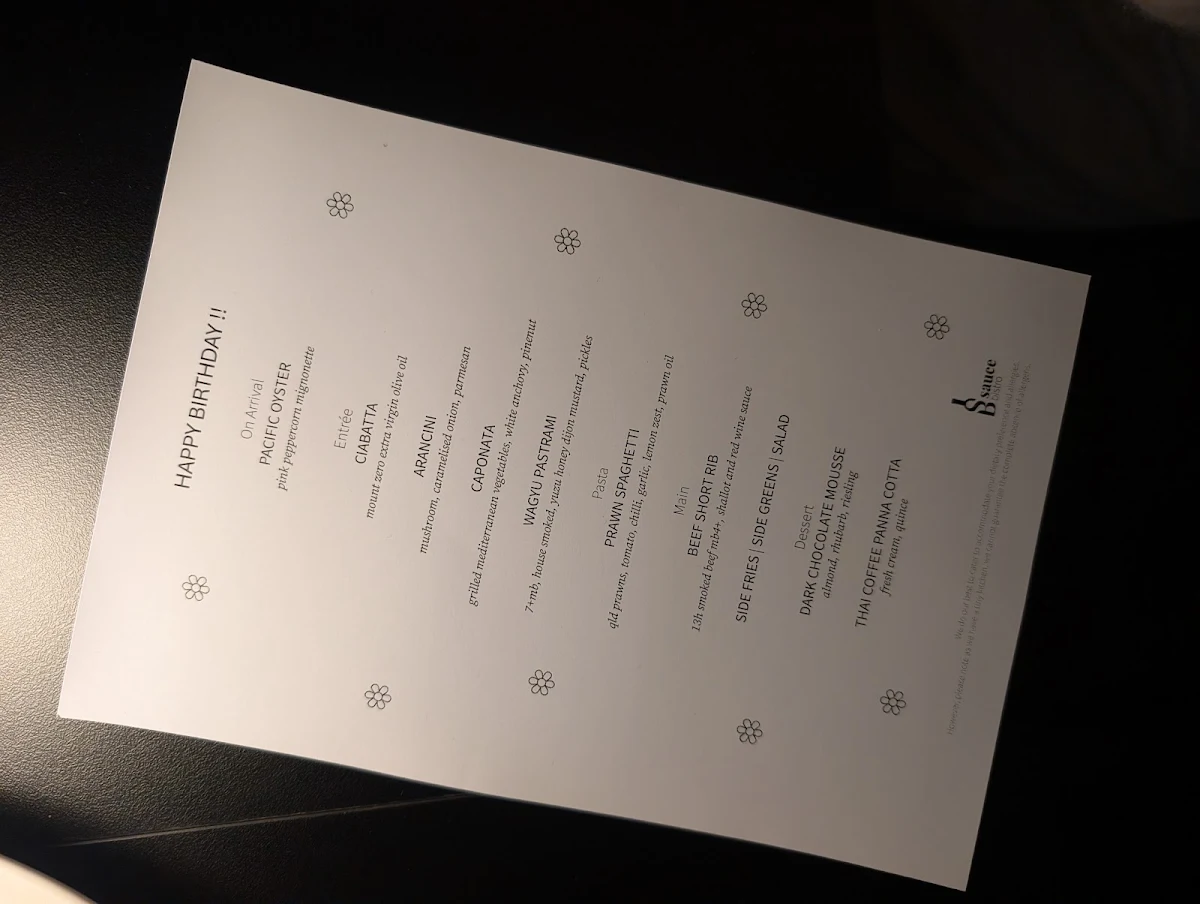Menu, Sauce Bistro
