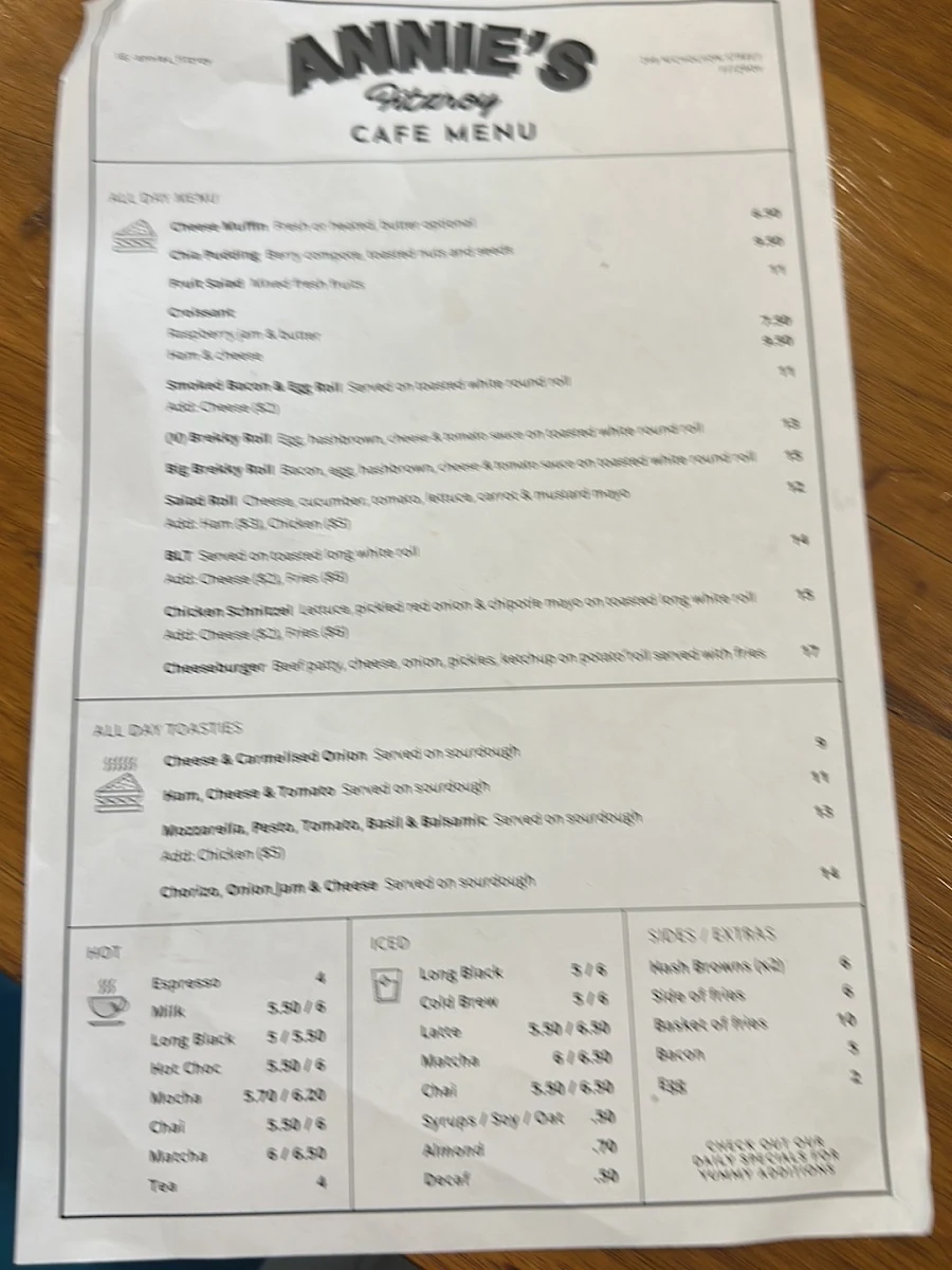Menu, Annie's Fitzroy