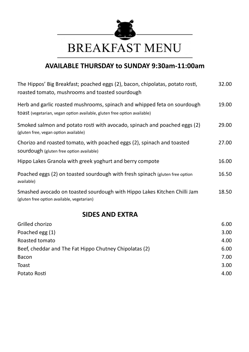 Menu, Hippo Lakes