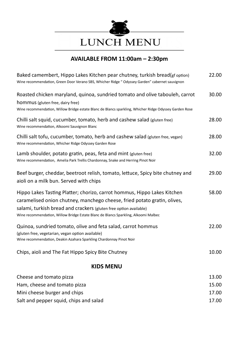 Menu, Hippo Lakes