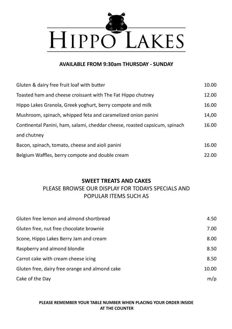Menu, Hippo Lakes