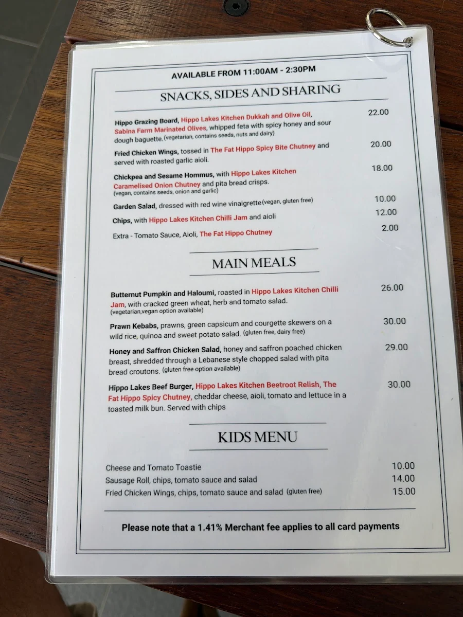 Menu, Hippo Lakes