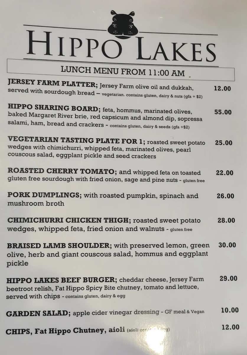 Menu, Hippo Lakes