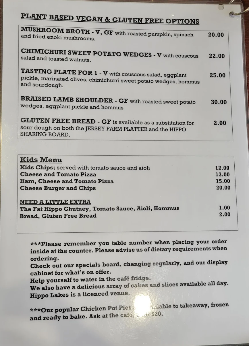Menu, Hippo Lakes