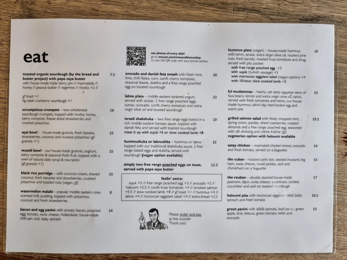 Menu, A Man and his Monkey Cafe