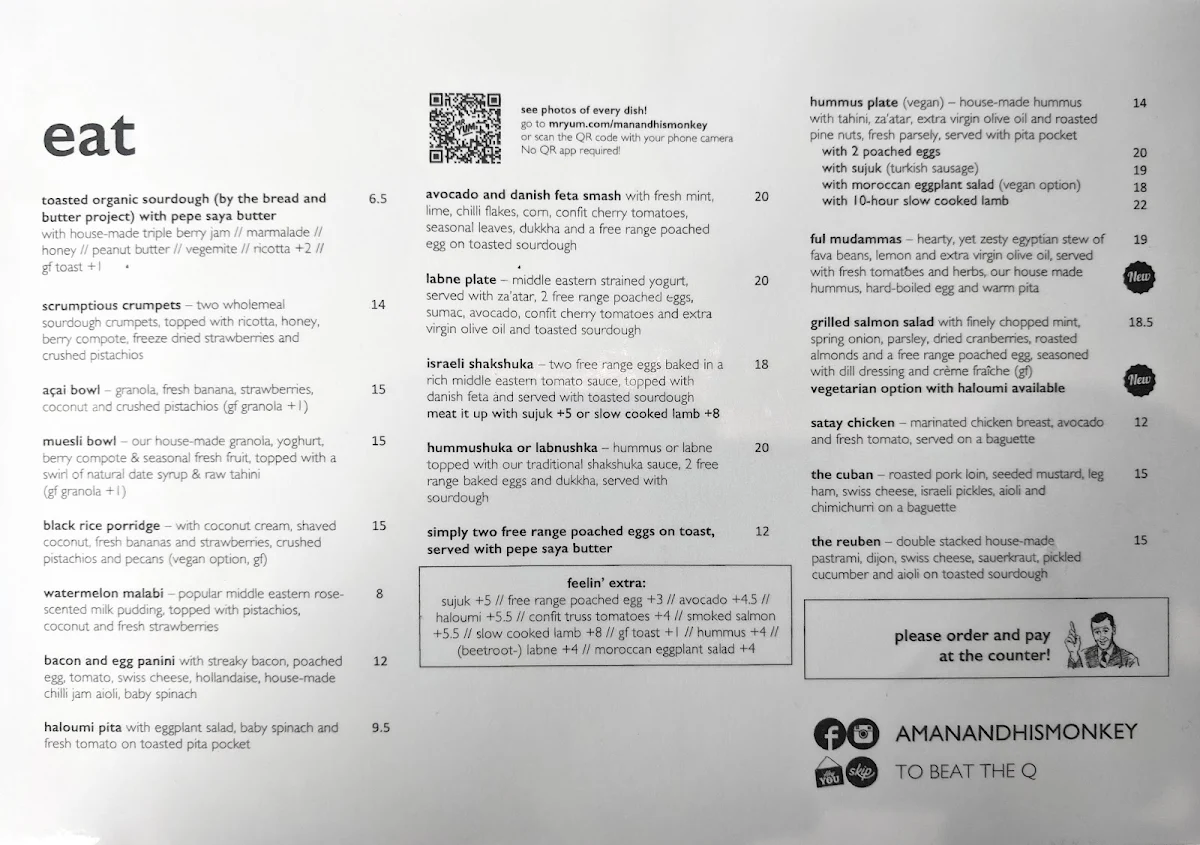 Menu, A Man and his Monkey Cafe