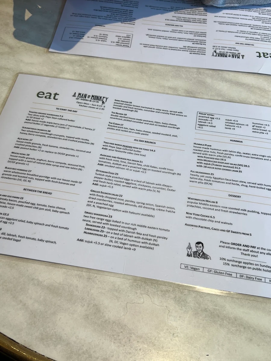 Menu, A Man and his Monkey Cafe