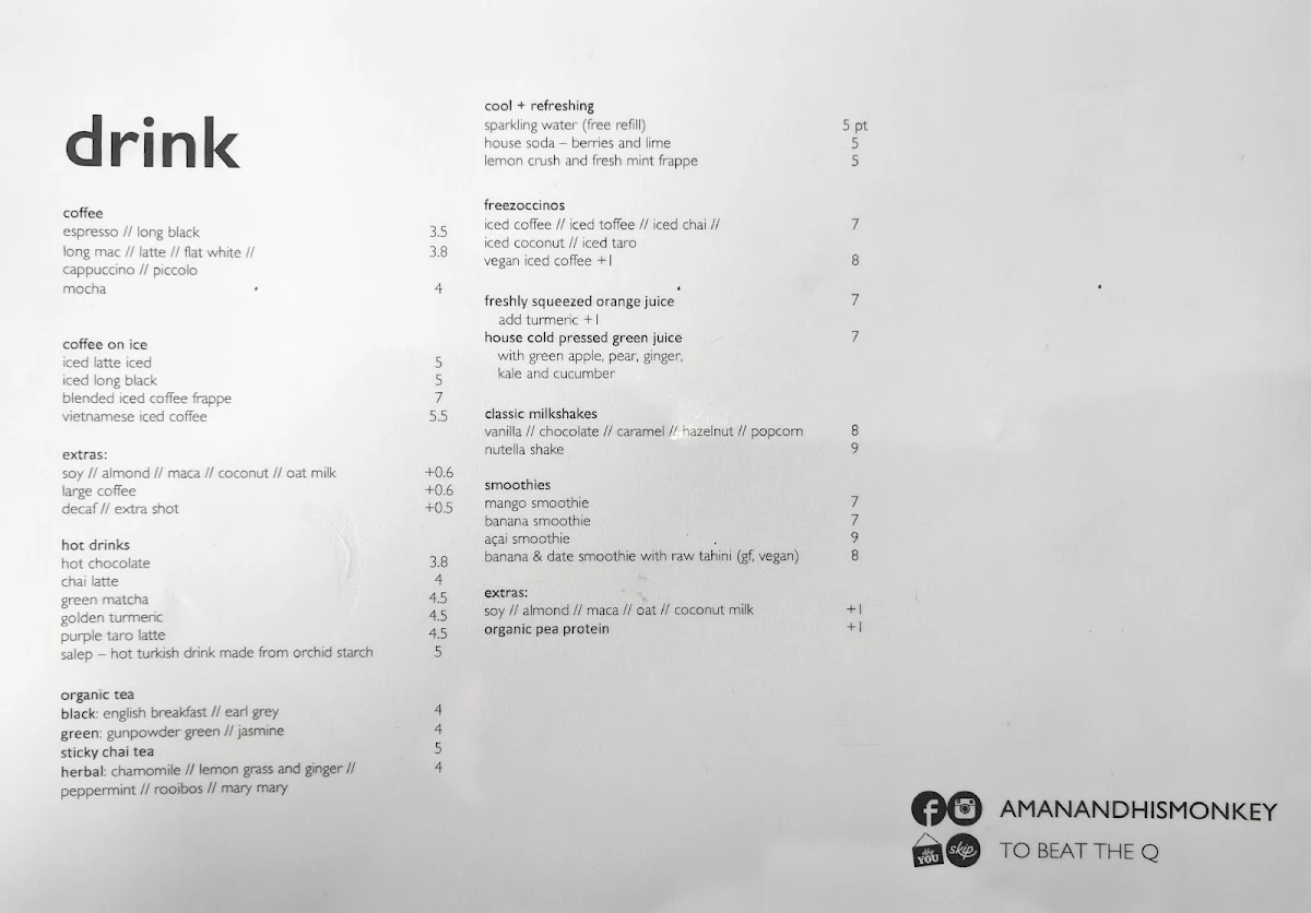 Menu, A Man and his Monkey Cafe