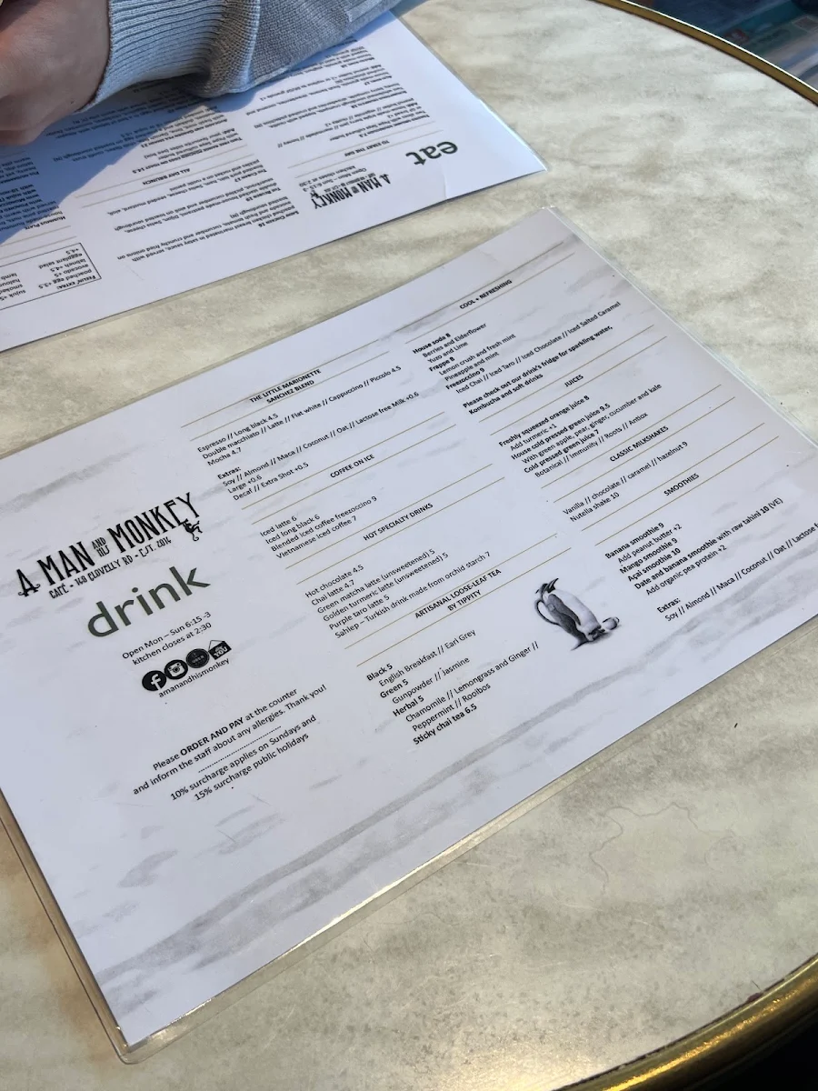 Menu, A Man and his Monkey Cafe