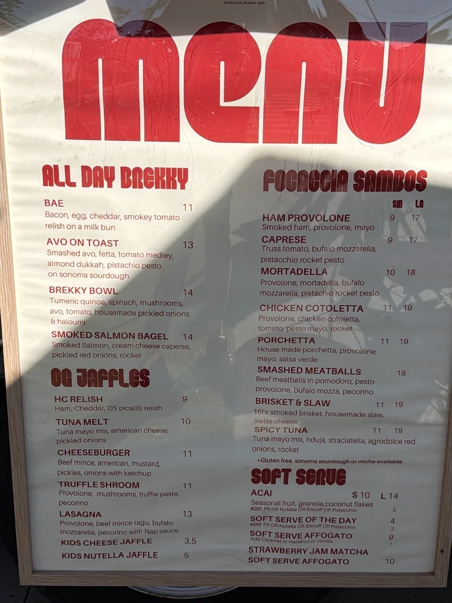 Menu, Middleton Brew