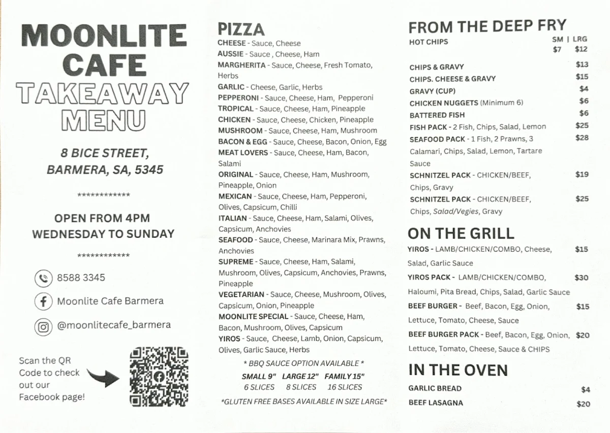 Menu, Moonlite Cafe & Pizza