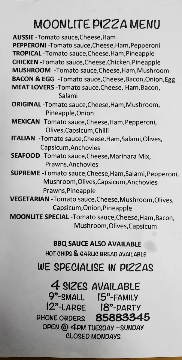 Menu, Moonlite Cafe & Pizza