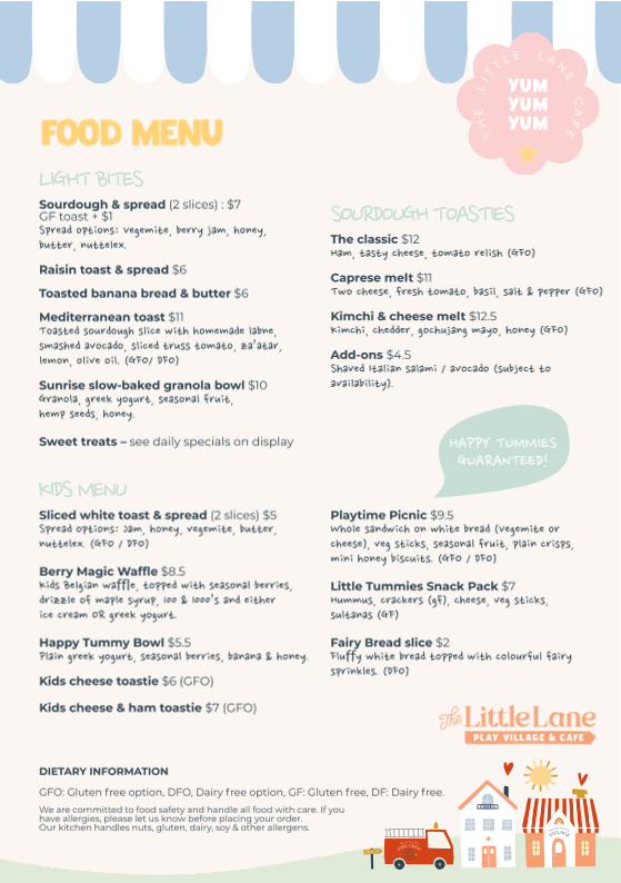 Menu, The Little Lane Play Village & Cafe Tuggerah