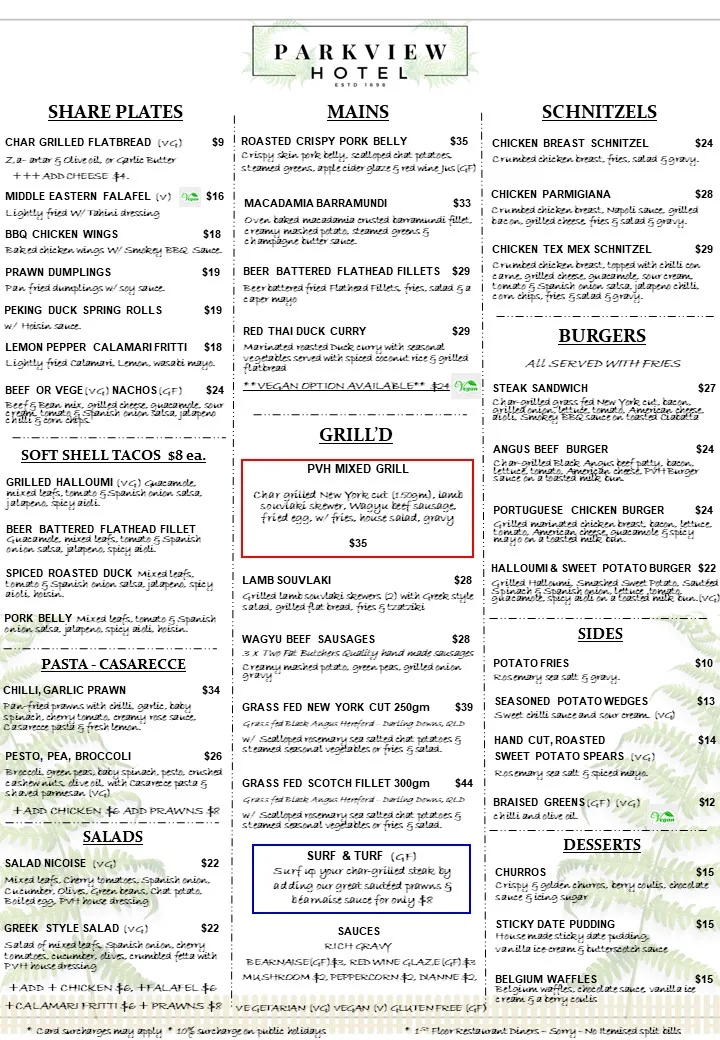 Menu, Parkview Hotel Alexandria