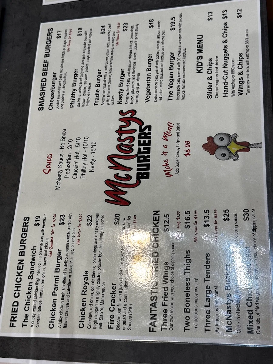 Menu, McNasty's Burgers