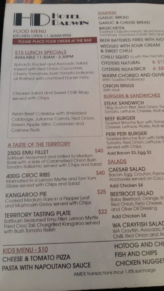 Menu, Hotel Darwin