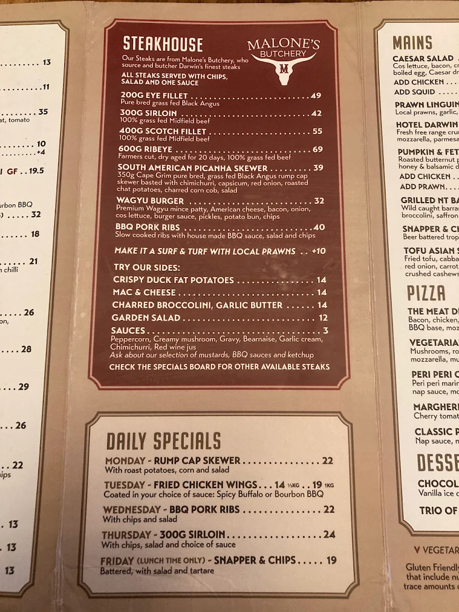 Menu, Hotel Darwin