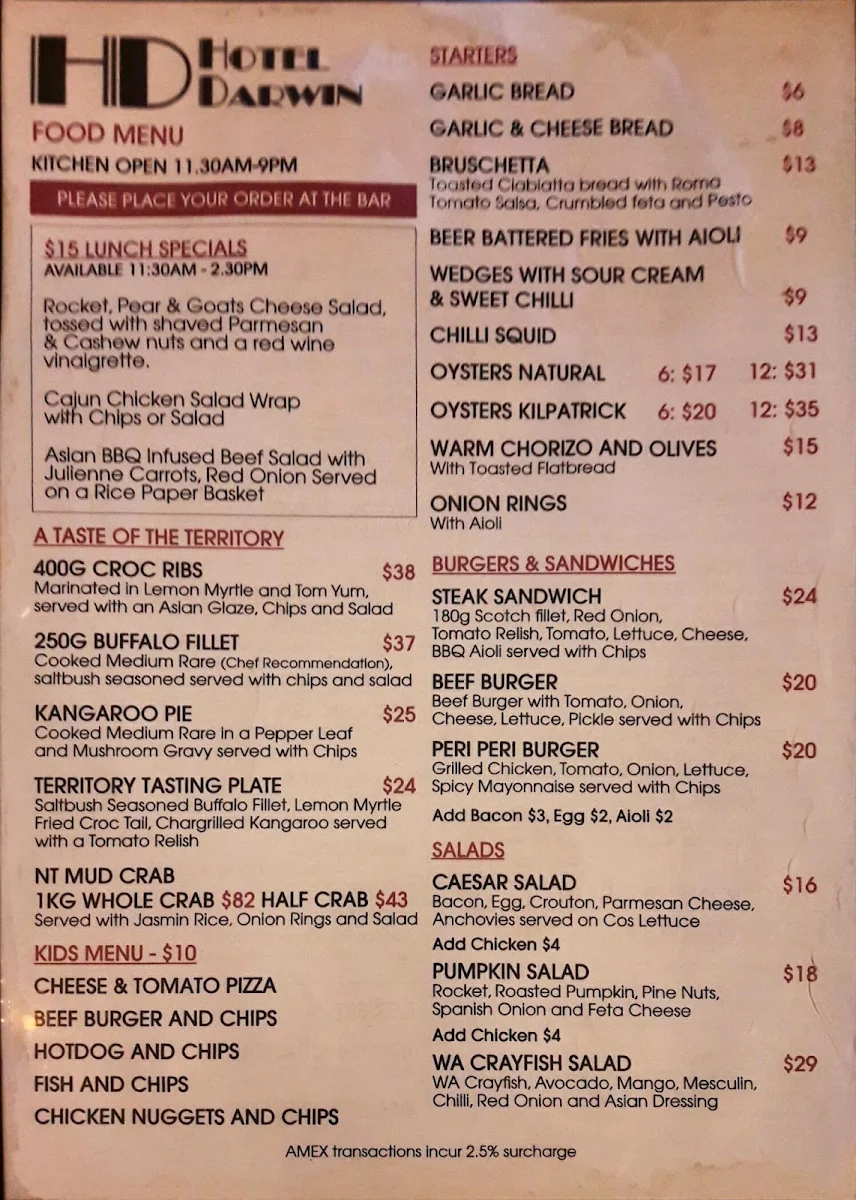 Menu, Hotel Darwin