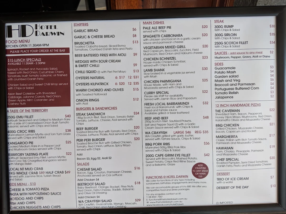 Menu, Hotel Darwin