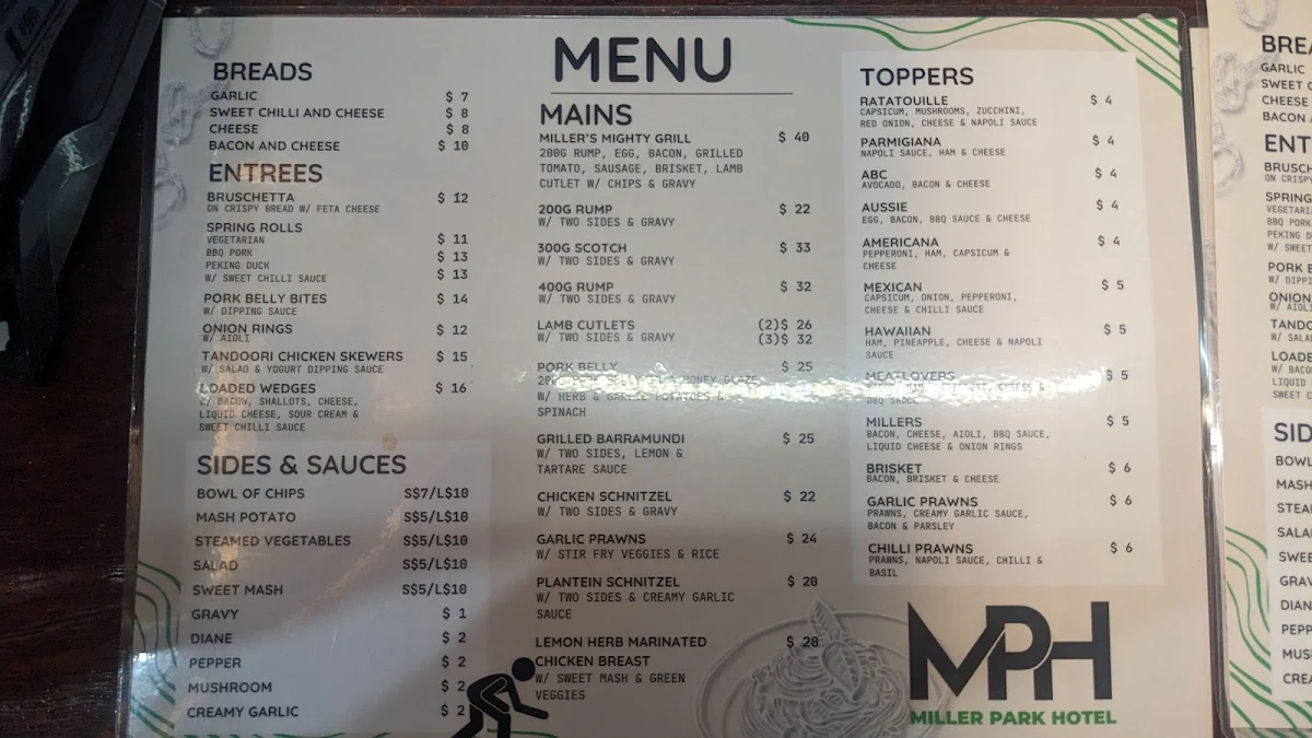 Menu, Miller Park Hotel