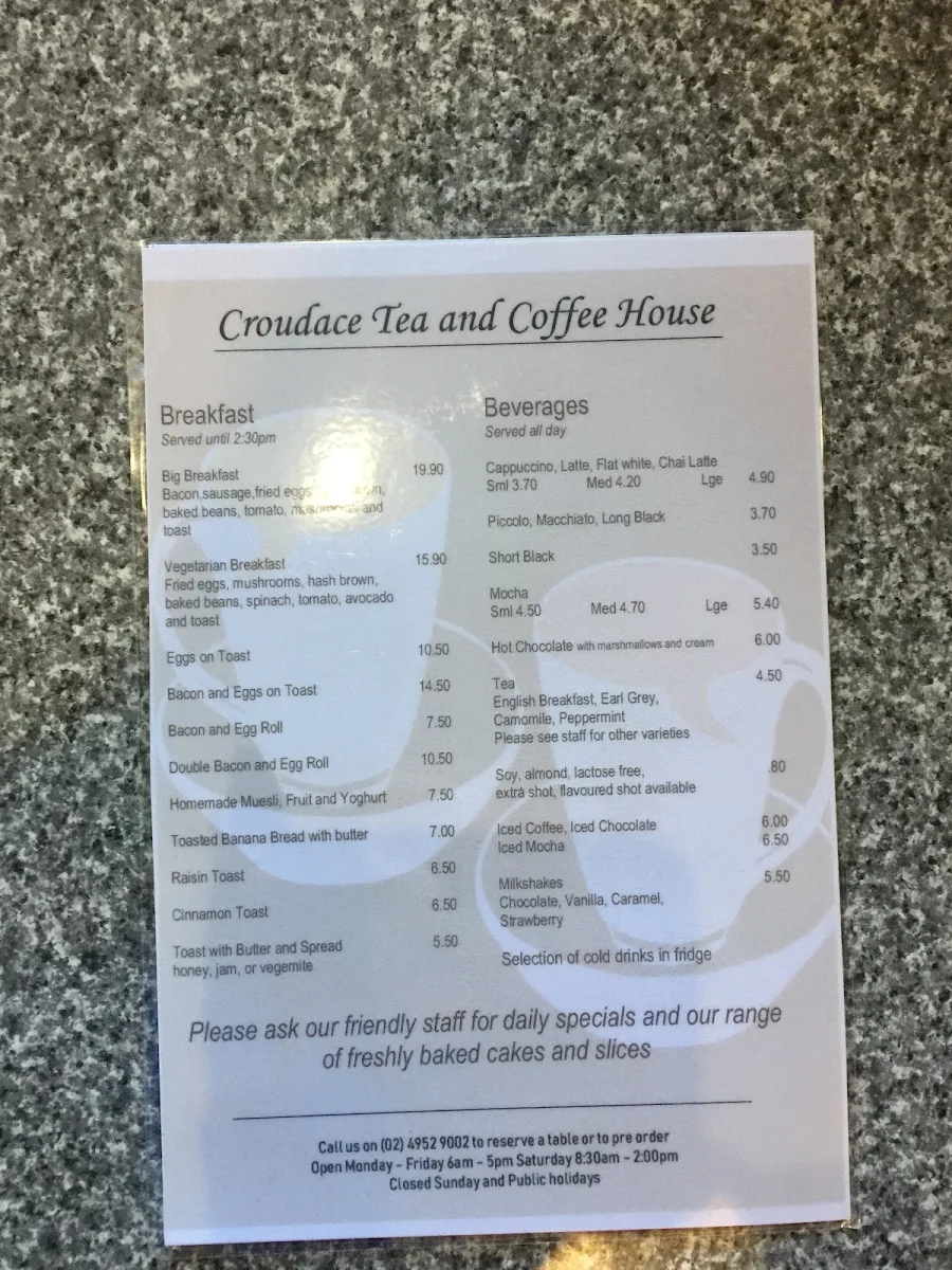 Menu, Croudace Tea & Coffee House
