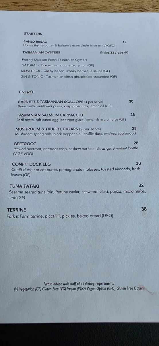 Menu, Barnbougle Lost Farm Lodge Restaurant