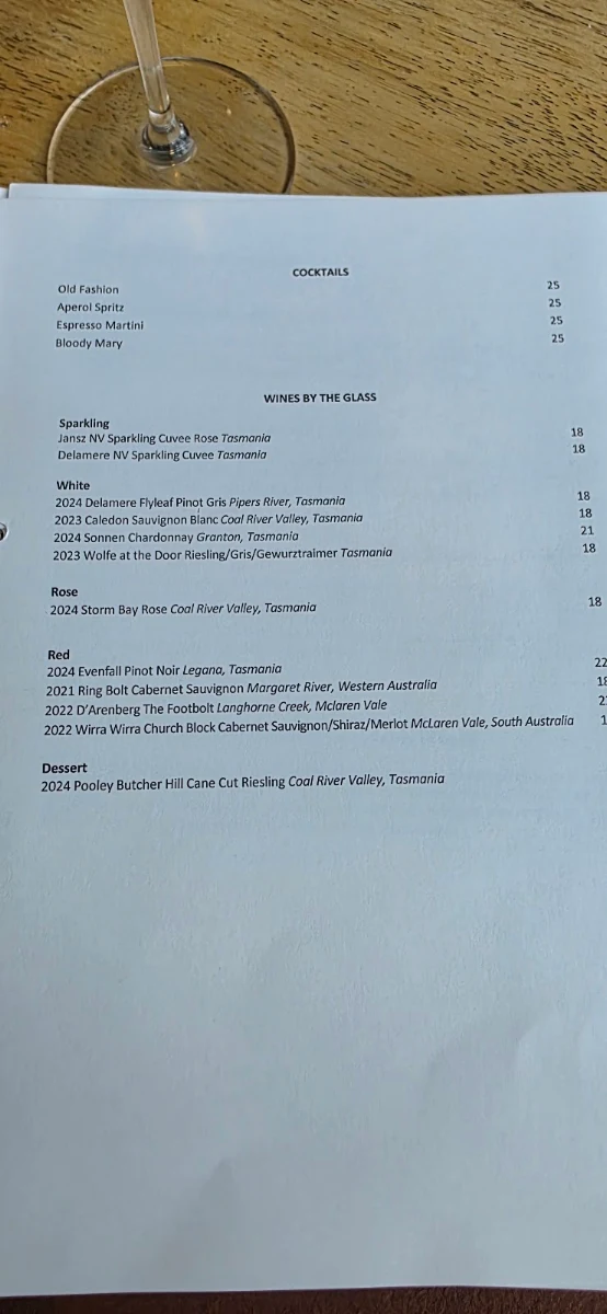 Menu, Barnbougle Lost Farm Lodge Restaurant