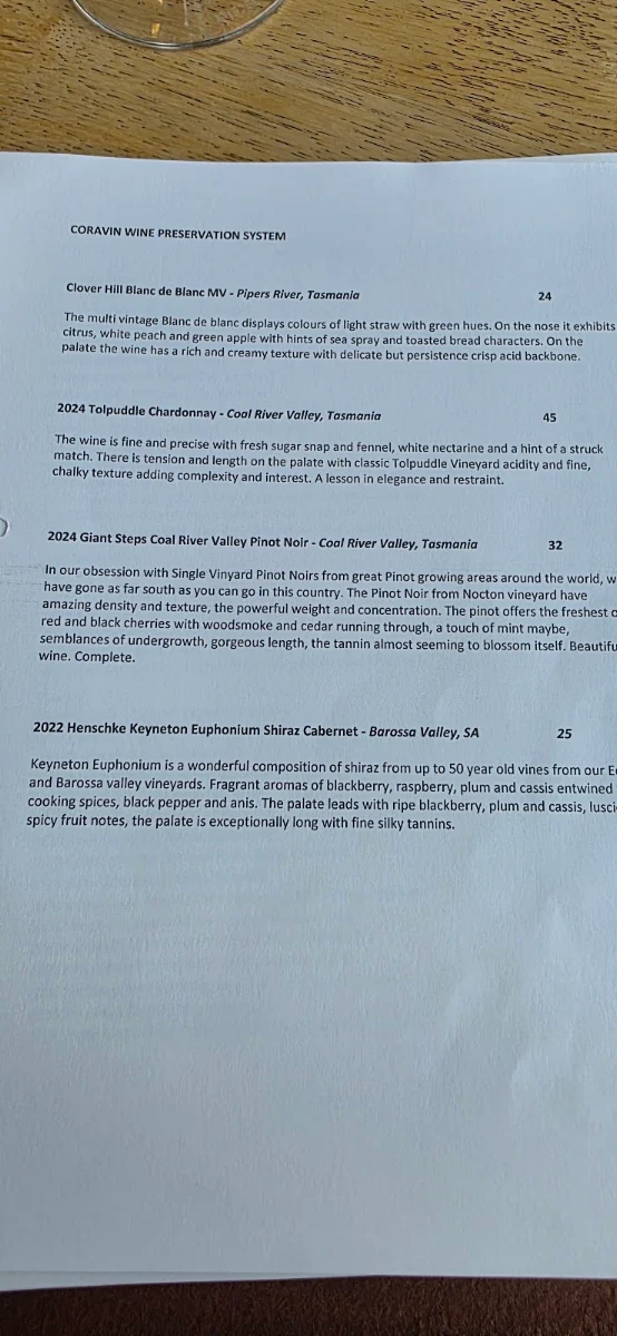 Menu, Barnbougle Lost Farm Lodge Restaurant