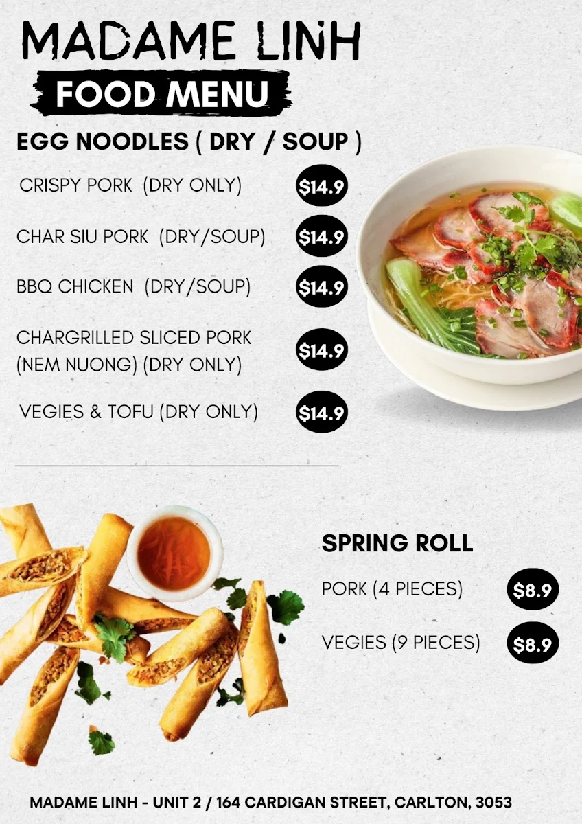 Menu, Madame Linh Vietnamese Cuisine