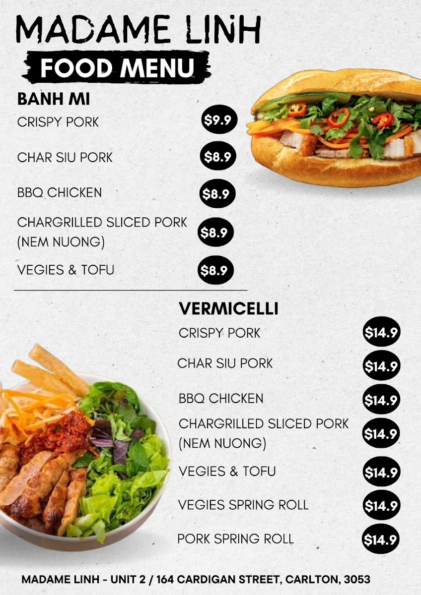 Menu, Madame Linh Vietnamese Cuisine